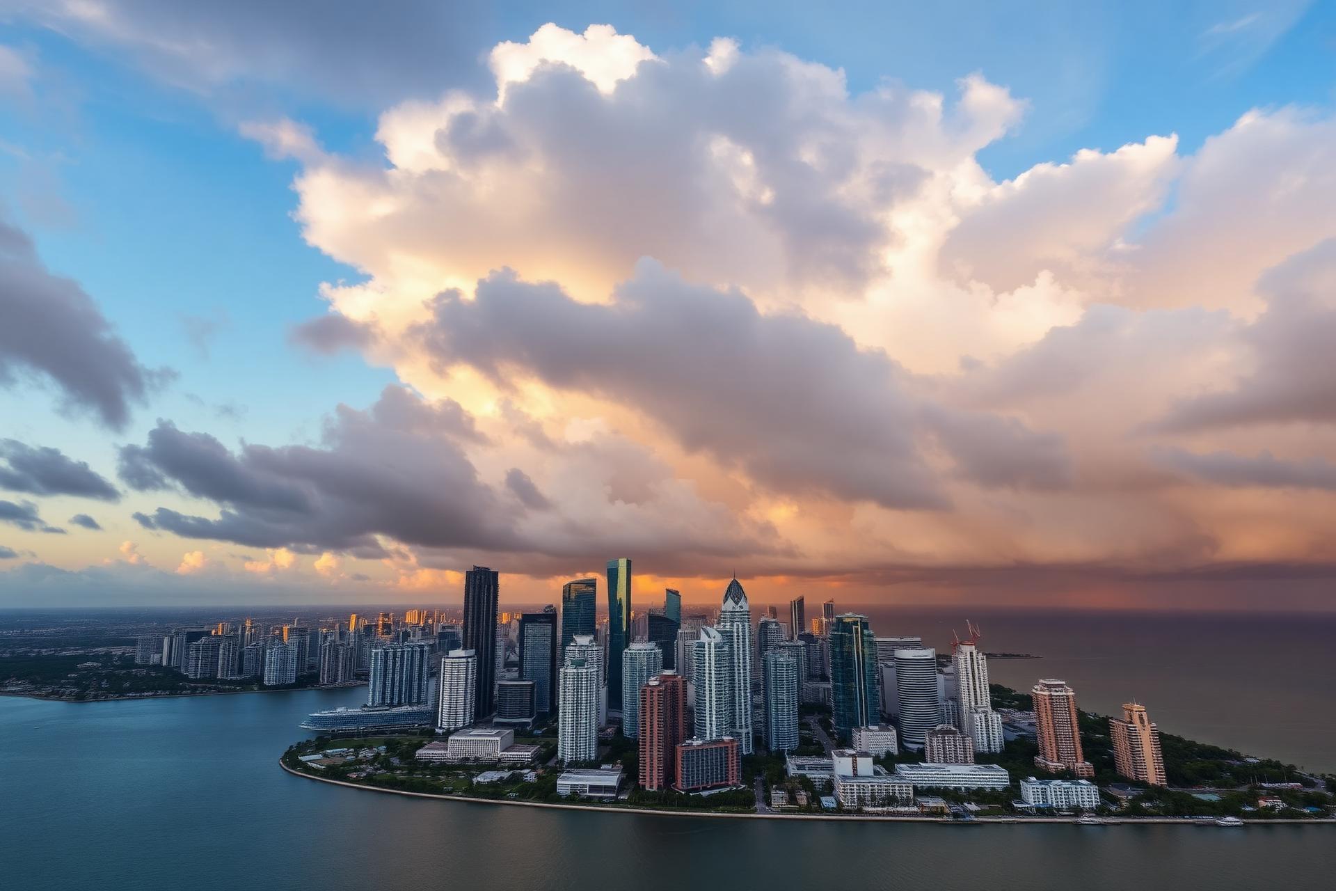 Storm clouds gather over downtown Miami skyline at golden hour